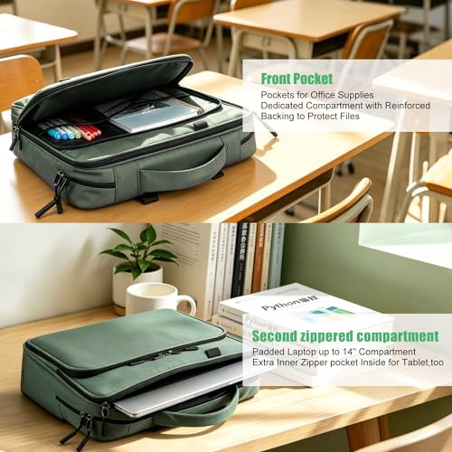 Image of LLi Cufite Zippered Binder Bag,3 Ring Binder with Multi-Pocket - 500 Sheet Capacity, Up to 14 inch Laptop and Tablet, Detachable Backpack Straps & Shoulder Use for School and Offices(Dark Green)