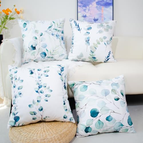 DILOXNSU Set of 4 Green Leaf Cushion Covers 45 x 45 Decorative Pillow Cases Soft Velvet Couch Cushions for Sofa Bedroom Livingroom Garden Outdoor Cushion Cover 18x18 Inch - Image 4
