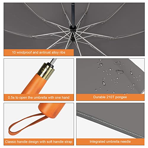 Rainboss Automatic Travel Umbrella With 10 Ribs, Large Windproof Umbrellas For Rain & Sun, Compact Folding Inverted Umbrella With Reflective Stripe, Wooden Handle (Gray) #TOP2