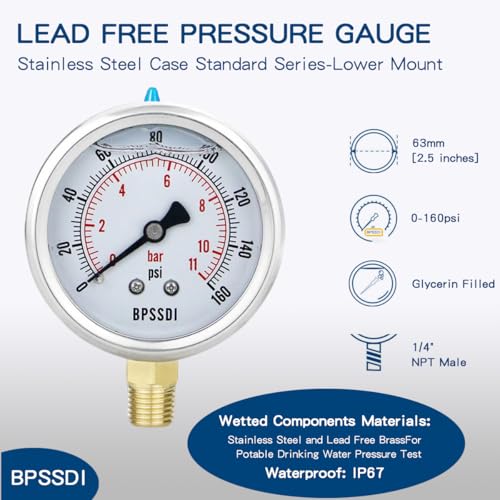 Image of 0-160 Psi Glycerin Liquid Filled Low Pressure Gauge, 2.5 inch Dial Size, 1 /4 inch NPT Lower Mount, 304 Stainless Steel Case, for Water Pump, Pneumatic Air, RV Hose, Gas Pressure Test