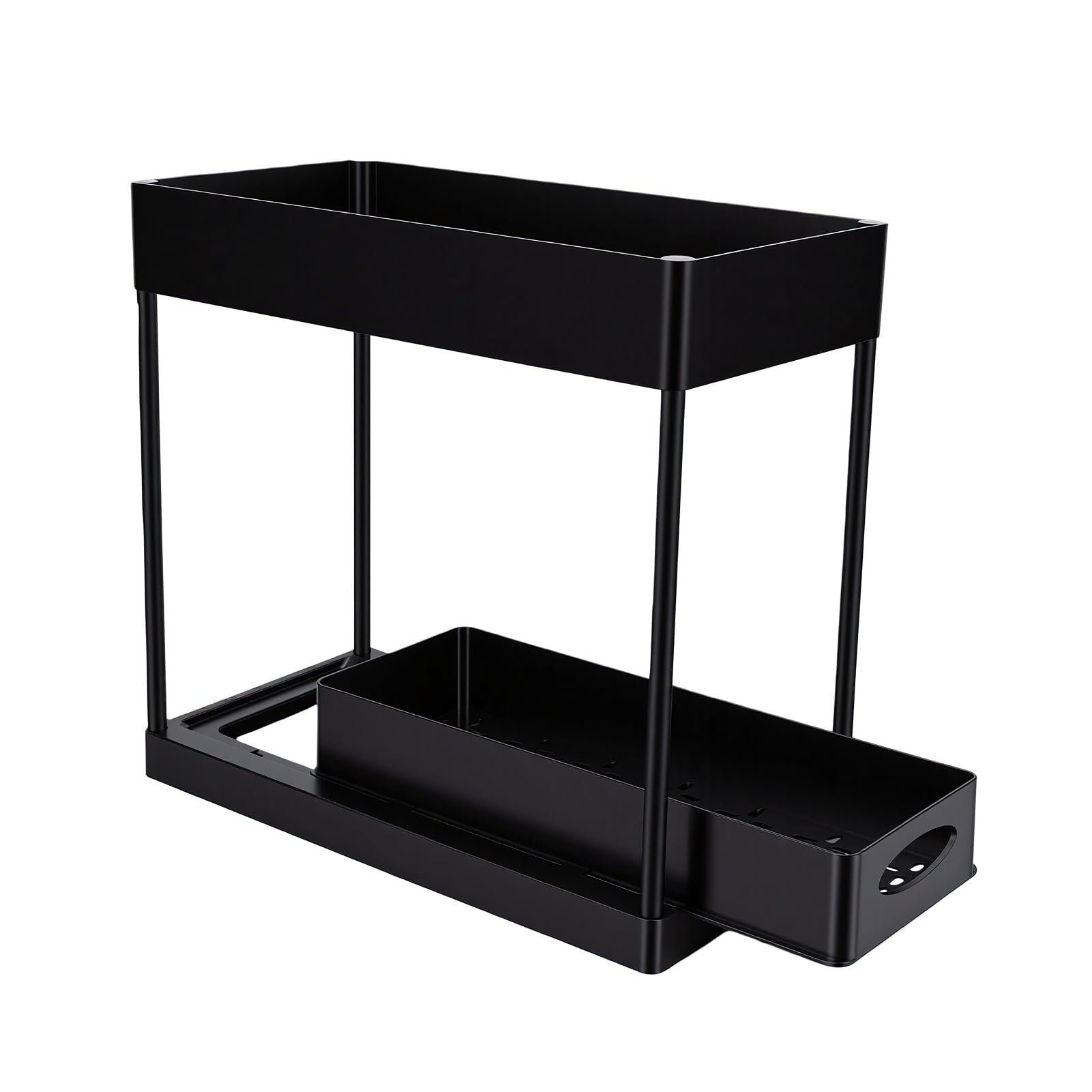 Portaoggetti Sotto il Lavello per e Bagno (Nera) | Organizer Scorrevole con Cassetto Cestello Estraibile con Design di Drenaggio e 4 Ganci per Prodotti per la Pulizia del