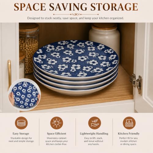 Image of Ceramic Dinner Plates, Blue & White Floral Pattern Plates, Premium Ceramic Serving Plates, Microwave & Dishwasher Safe, Tableware for Home, Dining & Gifting(Cherry Blossom Pattern, Pack of 4)
