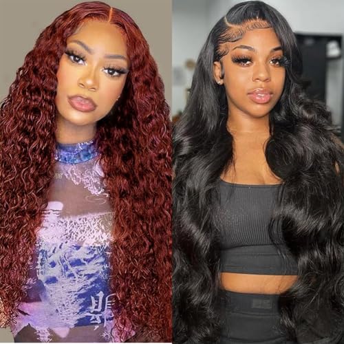 Reddish Brown 13x4 Deep Wave Lace Front Wigs Human Hair 26 Inch+13x6 Body Wave Lace Front Wigs 34 Inch