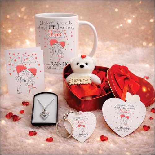 Image of PICRAZEE Romantic Gift Combo (Mug, Heart Pendant, Teddy with Rose, G-Card, Magnet, K-Ring) Love Gift for Girlfriend, Boyfriend, Husband, Wife