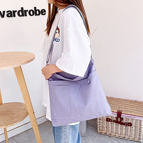 Image of Cotton Tote Handbag Women Canvas Crossbody Beach Bag Hobo Shoulder Tote Bag with 3 External Pocket,Zipper Closure