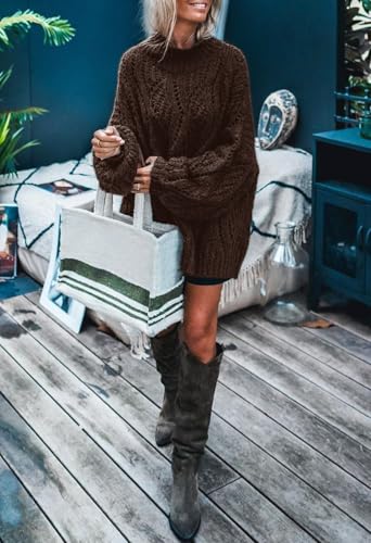 MEROKEETY Fall Sweaters for Women 2025 Oversized Pullover Crochet Lantern Long Sleeve Mock Neck Casual Loose Tops4