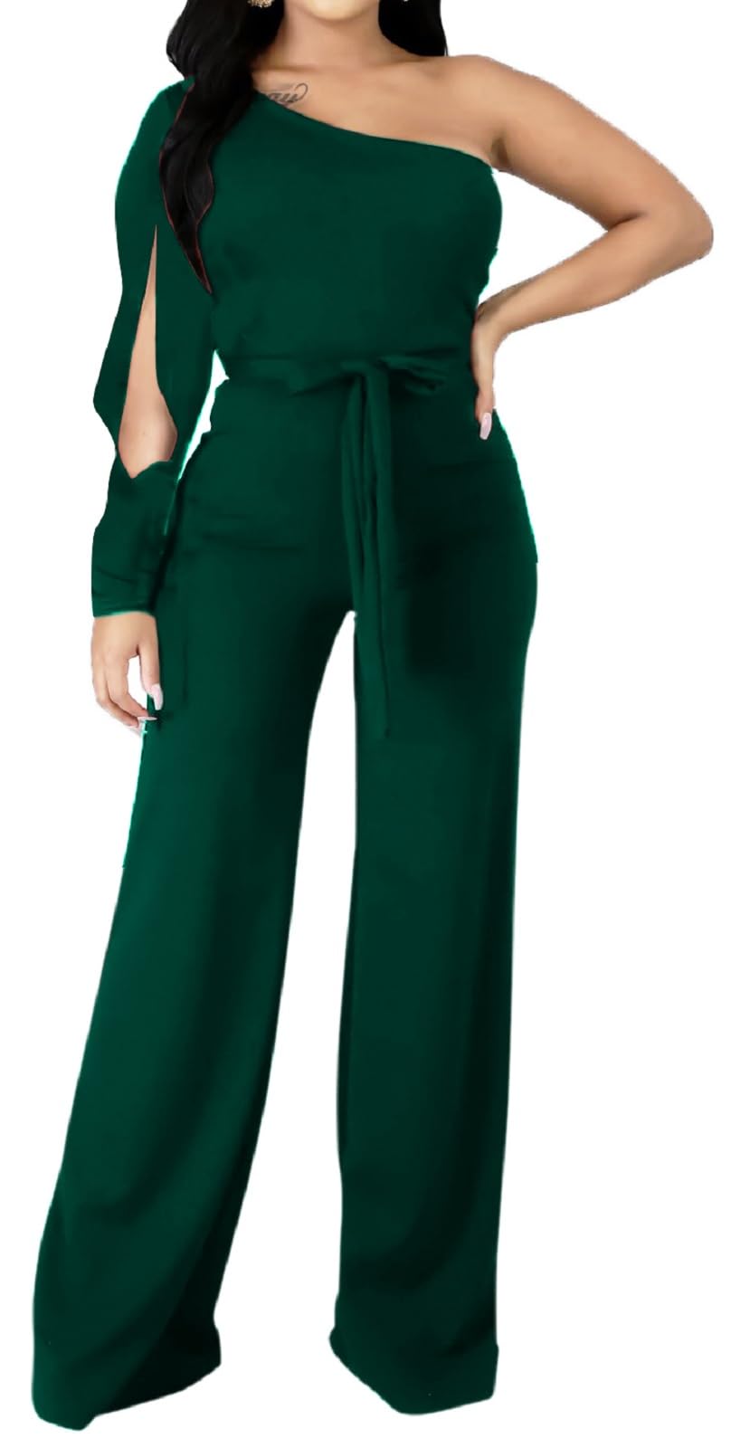 Photo 1 of CuteCherry Women Elegant Business Jumpsuits for Elegant One Sleeve Sexy Dark Green Straight Long Pants Rompers with Pockets