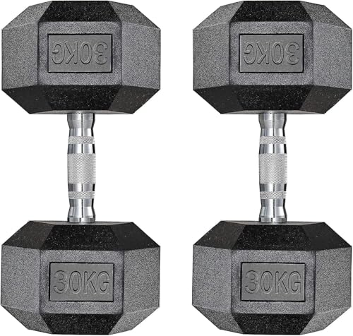 Set di 2 manubri esagonali, 10 – 25 kg, con rivestimento antiscivolo, impugnatura ergonomica, set di manubri corti in gomma polimerica, per allenamento aerobico (2 x 30 kg - neri)