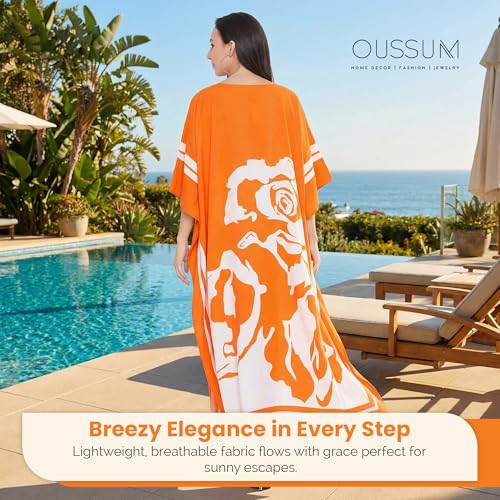 Image of Oussum Women Plus Size Dresses Kimono Caftan Maxi Dress Floral Polyester Long Mumu House Beach Cover Up 1X-3X Summer Wear