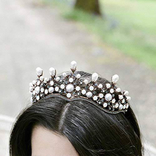 Aukmla Luxury Delicate Vintage Tiara Pearl and Crystal Headdress Wedding Tiara Crown Princess Tiara Bridal Headpiece Classic Retro 1950s Audrey for Women and Girls (Vintage-3)