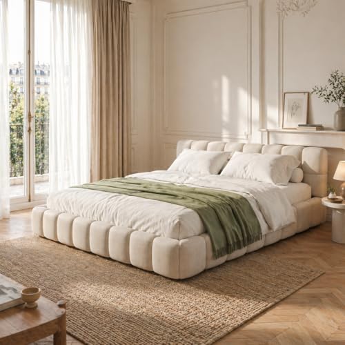 HYNHXBP Lit Bulle 160x200 avec sommier à Lattes et tête de lit rembourrée, Cadre de lit Bas, Lit Double capitonné,Lin, sans Matelas (Beige, 160 x 200 cm)
