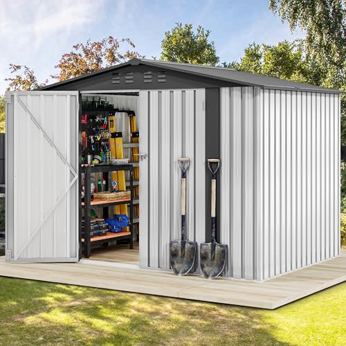 Image of DWVO 7x5FT Outdoor Storage Shelter, Roomy Steel Tool Shed with Secure Entrances & Air Circulation for Patio, Lawn, and Backyard, Ideal for Storing Garden Gear, Lawn Tools, and Bikes, White