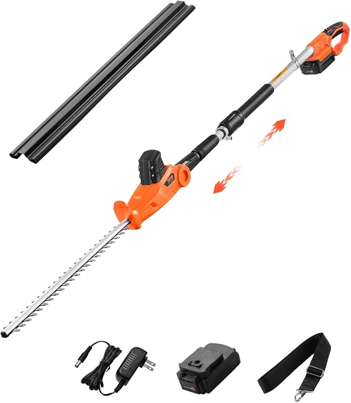 VEVOR Taille-haie Électrique sans Fil sur Perche Extensible 1,9-2,4 m 20 V Batterie 2 A, avec Lame 510 mm, 5 Angles Réglables 30°-150°, pour Entretien des Branches Hautes, Taillage Arbres de Jardin