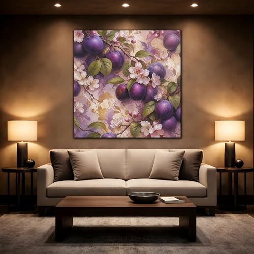 Tableau prune fleurs aquarelle 60x60 cm pour salon élégant