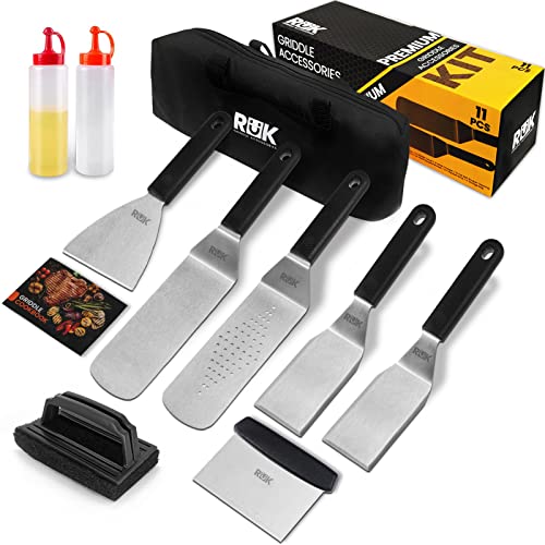 Blackstone Griddle Accessories Kit, RüK 11 PCS Flat Top Griddle Accessories Set with Anti-Scalding Long Handle Metal Spatula, Griddle Scraper, Cleaning Kit, E-Cookbook for Blackstone and Camp Chef