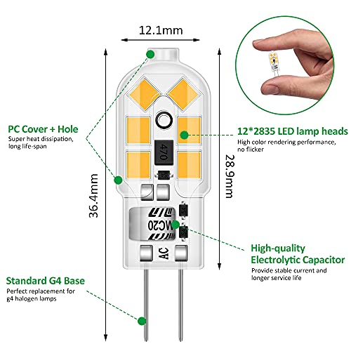 G4 Ledlamp, warmwit, 1,2 W, 12 V, G4, vervanging voor 10 W halogeenlampen, 120 lm, 3000 K, 360 graden, 12 V, AC/DC… - Afbeelding 3