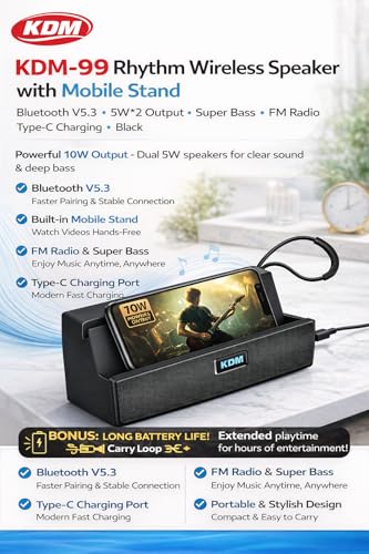 Image of KDM-99 Rhythm Wireless Speaker with Mobile Stand, V5.3, 5W*2 Output, Super Bass, FM Radio, Type-C Charging, Black