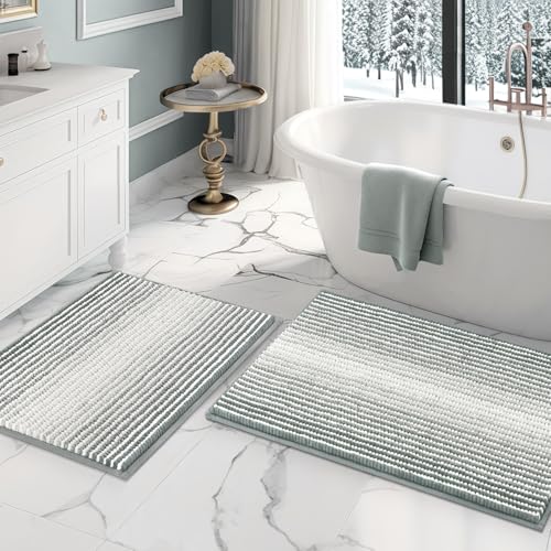 BSICPRO Bathroom Rugs and Mats Sets, 2 Piece Thick Absorbent Chenille Bath Mat Rug Set Non Slip, Soft Shaggy Bath Room Floor Mats for Bathroom, Machine Washable (Light Gray, 20