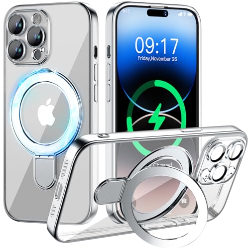 Image of Magnetic for iPhone 14 Pro Case with Invisible Stand[Compatible with MagSafe][Full Camera Lens Protector][Military Drop Protection] Shockproof Not Yellowing Clear Slim Soft for Women Men