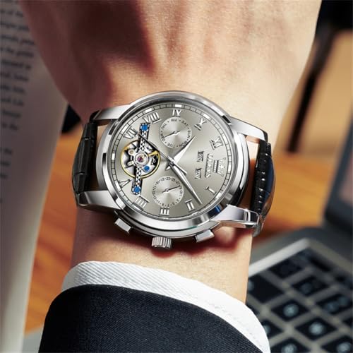 Image of OLEVS Mechanical Dress Mens Watches Square Brown Leather Strap Moon Phase Skeleton Tourbillion Day Date Waterproof Luminous Men's Wrist Watches