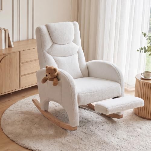 DEKKETO Fauteuil a Bascule Allaitement avec Repose-Pied Dossier Haut, Blanc