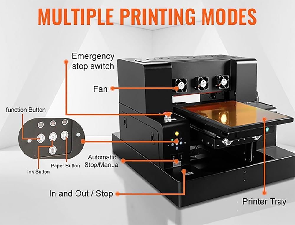Stampante UV A3 UV Led Flatbed Stampante Multifunzione UV Printer Getto D'inchiostro Portatile USB 1440 x 1440 dpi 220V Con Rotazione per Bottiglie/Carta/Custodia del telefono/Plastica/PVC/Legno/UVDTF