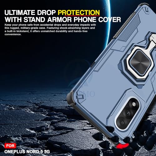 Image of AESTMO Armor Back Cover for OnePlus Nord 5 5G | Ring Holder & Kickstand & Camera Protection in-Built | 360 Degree Protection Back Case Cover (Blue)