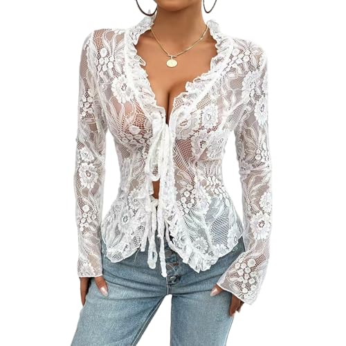 Women's V Neck Lace Sheer Top Sexy Mesh See Through Shirts Open Front Tie Long Sleeve Blouses Y2k Going Out Tops