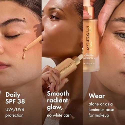 Image of Kopari Sun Veil Illuminating Elixir Face Sunscreen SPF 38 | Lightweight Face Sunscreen with Shea Butter & Mica | Buildable Mineral SPF, Radiant Golden Glow Finish