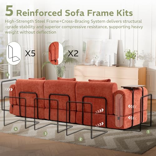 Image of 100 inch Convertible Sofa Bed, 5-in-1 Modular Sectional Cloud Couch with Fixed-Shape Frame & Storage Pocket, No Assembly Required Boneless Sleeper Sofa for Living Room, Chenille Orange
