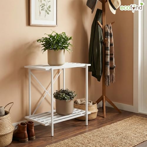 Image of ecofynd Eric Plant Stands for Outdoor Balcony, Flower Pot Stand for Indoor Plants, Large Metal Planter Stand for Living Room, home decor, Indoor & Outdoor plants, 2 Tier, (26 Inch, PS050-WHT)