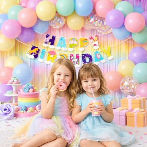Image of Unicorn Theme Birthday Decoration Kit with Happy Birthday Paper Banner, Rainbow Foil Curtain, Pastel Balloons and Confetti Balloons for Party Decoration Set of 26 Pcs