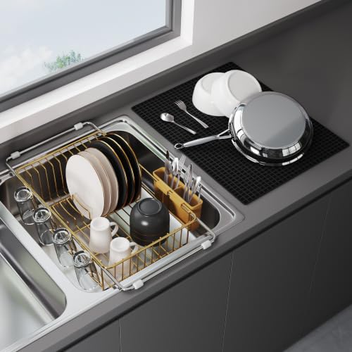 Image of JASIWAY Gold Dish Drying Rack in Sink with Mat, Cups and Utensil Holder