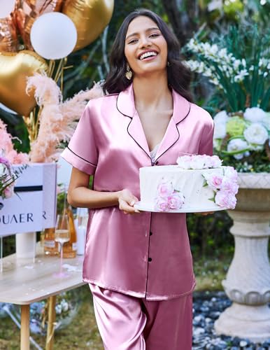 Image of Ekouaer 2 Piece Satin Short Sleeve Pajamas Set Button Down Sleepwear | Soft Pjs Set Classic Loungewear for Wedding, Party, Home, Daily Wear, Date Nights