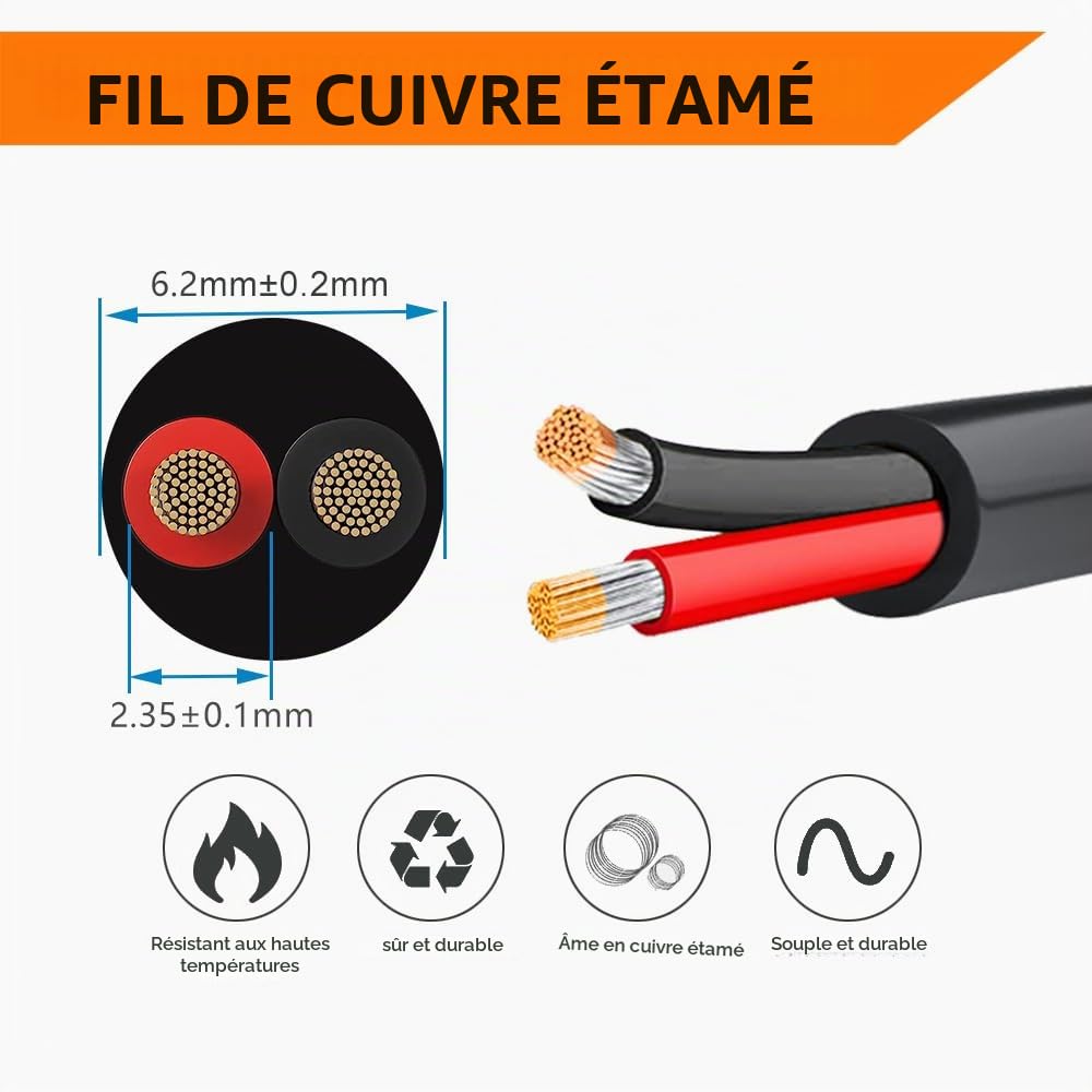 2x1,3mm² 16 Gauge 2 Conducteur Fil Électrique, 30.48M Câble Torsadé Basse Tension 16/2, Rallonge Cordon d'Alimentation pour Lampe LED, Automobile, Bateau, Électronique