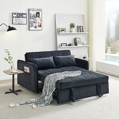 N NOORDENIYA 55.5" Velvet Sofa Bed, Pull Out Sleeper Sofa Bed, Black