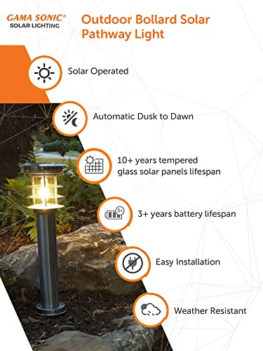 Gama Sonic Outdoor Bollard Solar Pathway Light, Silver Stainless And Glass, Auger Ez-Anchor For Dirt And Grass. 24.25-Inch Lamp Height, Sidewalk, Path, Driveway, 100 Lumens, 1 Pack (214801) #TOP3
