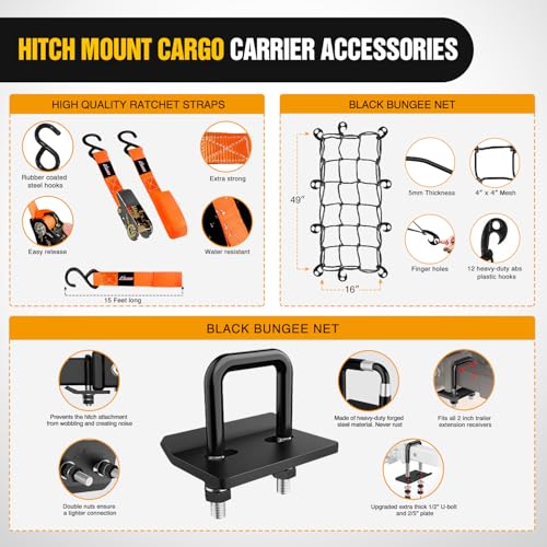 Image of Nilight 53 inch X 19 inch X 4 inch Hitch Cargo Carrier Fits 2-inch Hitch Receiver 500 Lbs Capacity Basket Cargo Net|Ratchet Straps|Hitch Stabilizer for SUV Pickup Camping Traveling