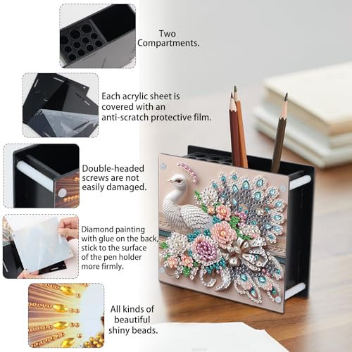 Image of DIY 5D Acrylic Diamond Painting Pen Holder, Elegant Peacock Desk Organizer with Beads, Crystal Rhinestones Diamond Art Pencil Organizer for Home, Office & Gift