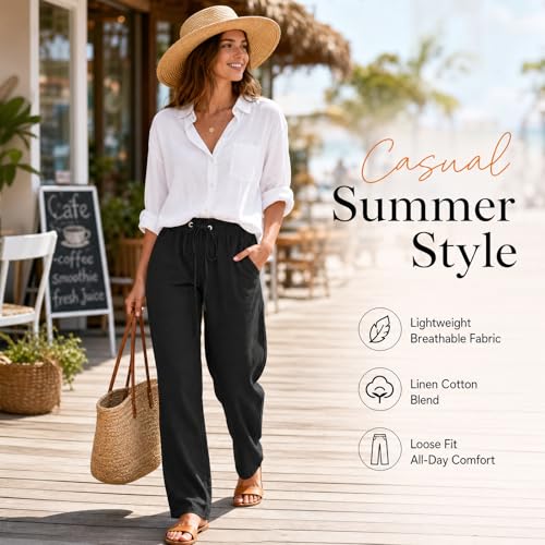 Image of Linen Pants Women 2026 Spring Summer Fashion Straight Leg Pant Dressy Casual High Waisted Loose Trousers with Pockets