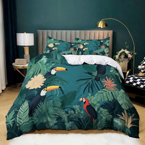 Vert Foncé Housse de Couette 140x200 Jungle Tropicale et Oiseaux Parure de Lit 1 Personne, 3D Imprimé Enfants en Microfibre Douce Respirante Housse Couette...