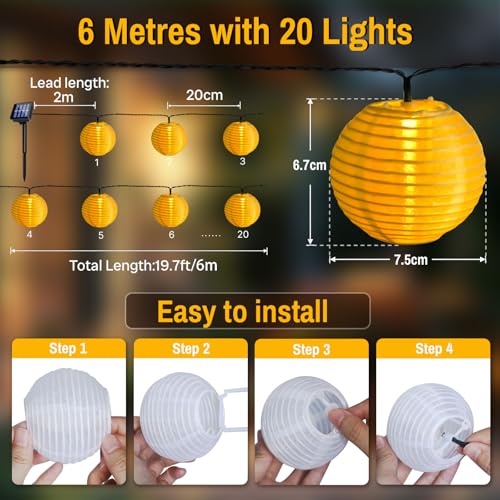 Guirnaldas Luces Solares Linternas, 6M 20 LED Solares Linternas, Impermeable IP65, Guirnalda Luces Solar 8 Modes, Interior y Exterior Decoración para Jardín, Patio, Balcón, Fiesta(Blanco Cálido) - imagen 6