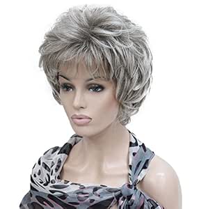 Lydell Women's Short Curly Wavy Synthetic Wig, Light Gray with Dark Roots, 6-Inch