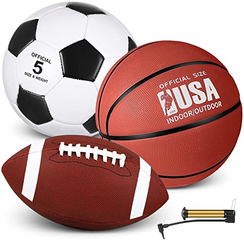 3 Pcs Sports Balls Multi Sport Set, Including Official Size 5 Soccer Ball Size 7 Basketball Size 9 Football With 1 Pump For Kids Teens Youth Adults Sports Equipment Sport Gift (Brown, White) #TOP22