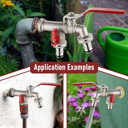 Image of HASTHIP Water Tap, Dual Outlet Garden Brushed Faucet, 1 /2 Inch Heavy Duty Zinc Alloy Two Way Tap with Individual Control