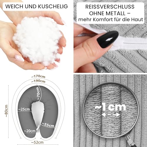 Amilian Stillkissen XXL 170 cm – Seitenschläferkissen für Schwangerschaft & Stillzeit – Lagerungskissen mit Füllung & abnehmbarem Bezug - Nachtnebel