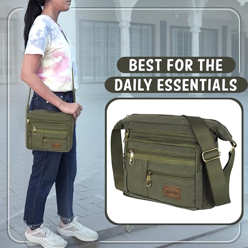 Image of Storite Canvas Sling Crossbody Messenger Bag for Men & Women Multi-Pocket One-Shoulder Travel Bag with Adjustable Strap (Olive - 27 x 10 x 23 Cm)