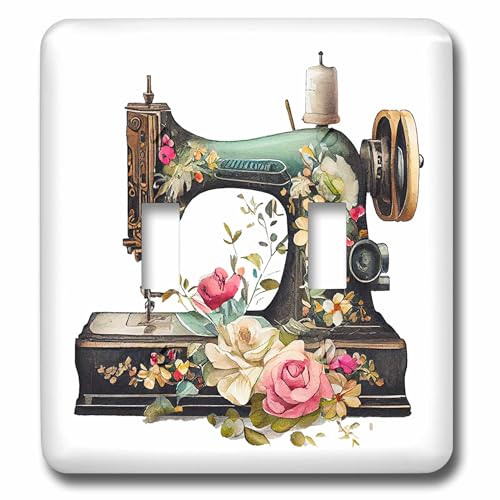 3dRose Pretty Vintage Green Sewing Machine and Flowers... - Light Switch Covers (lsp-381405-2)