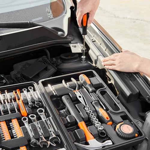 HIEEY 148 Piece Tool Set, Home Tool Kits for All Purpose, Tools for Men, Household Tool Kit with Plastic Toolbox Storage Case Orange