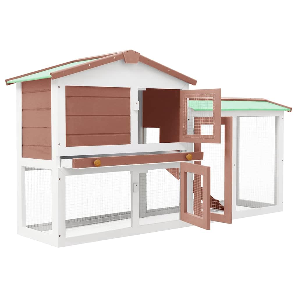 Gran conejera marrón y blanca de madera de abeto lacada 145 x 45 x 84 cm con techo bituminoso, puerta con cerradura, rampa antideslizante, resistente a la intemperie para animales pequeños